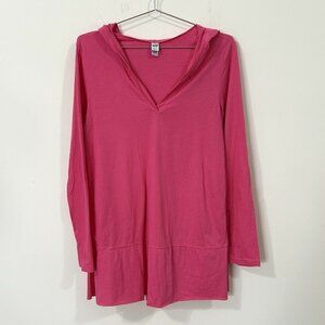 KAVIO Pink Knit Tunic Sz M Women’s V-Neck Hoodie Long Sleeve Slit Hem